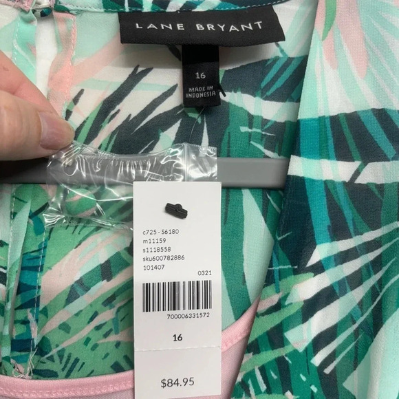 NWT Lane Bryant Maxi Dress 16 Pink Green Tropical Leaves Flutter Sleeve - Picture 3 of 7